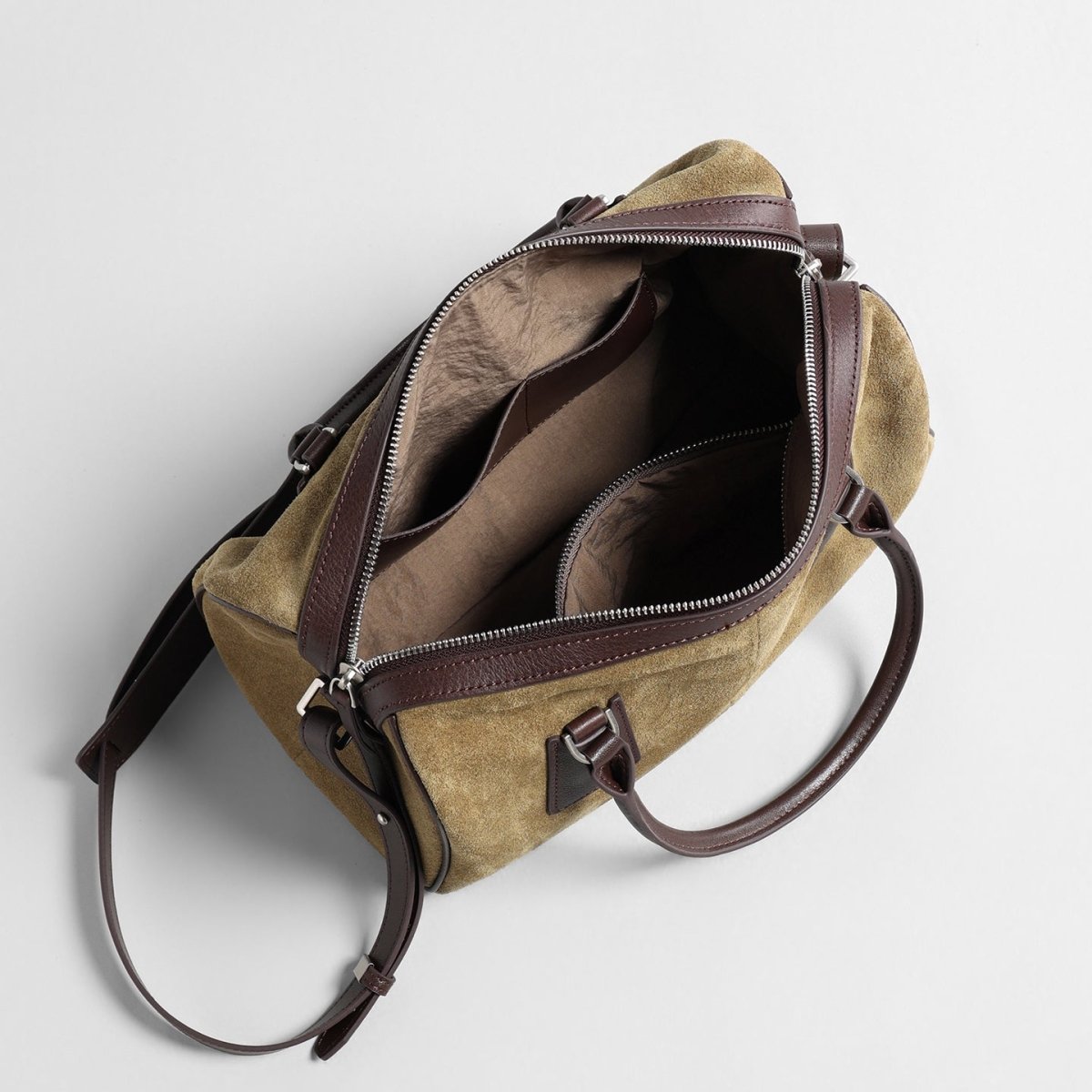 Vintage Suede Leather Boston Bag – Contrast Leather Handle Crossbody Handbag
