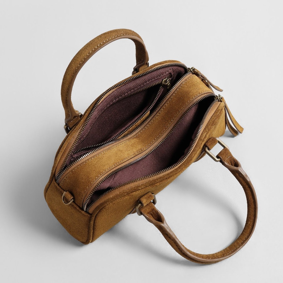 Vintage Suede Mini Boston Bag – Leather Top Handle & Crossbody Bag