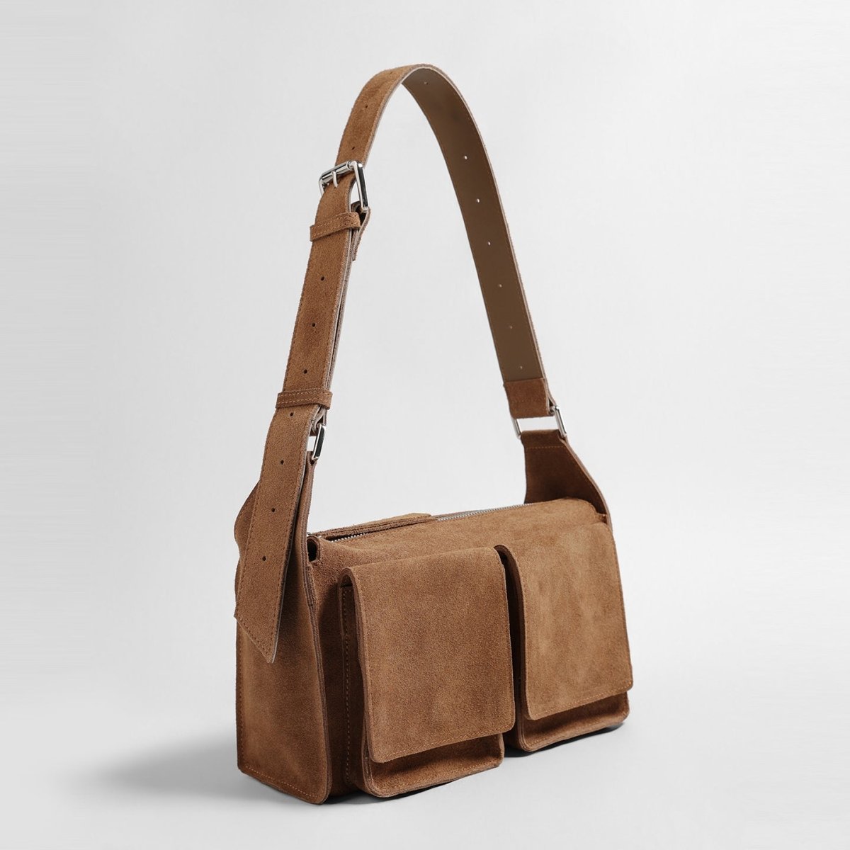 Vintage Suede Multi-Pocket Messenger Bag – Wide Strap Crossbody Bag