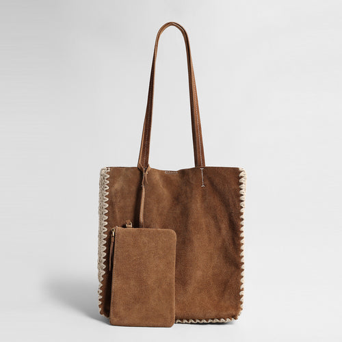 Vintage Suede Tote Bag – Woven Edge Shoulder Bag with Matching Pouch
