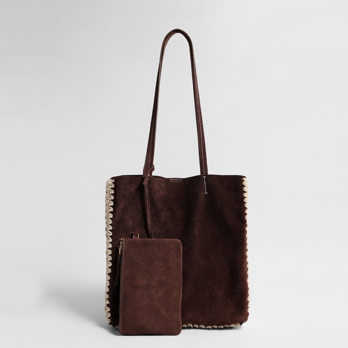 Vintage Suede Tote Bag – Woven Edge Shoulder Bag with Matching Pouch