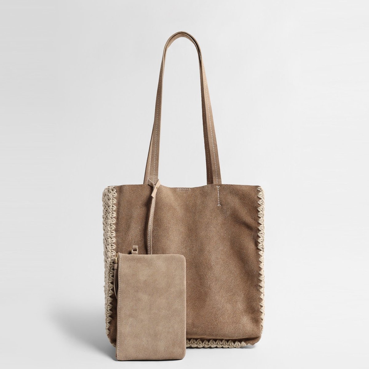 Vintage Suede Tote Bag – Woven Edge Shoulder Bag with Matching Pouch