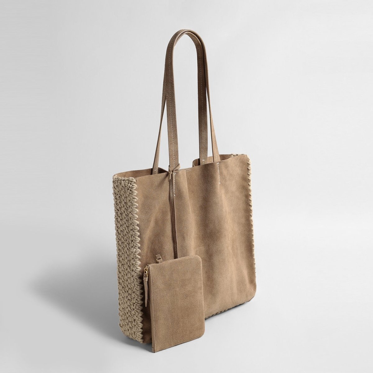 Vintage Suede Tote Bag – Woven Edge Shoulder Bag with Matching Pouch