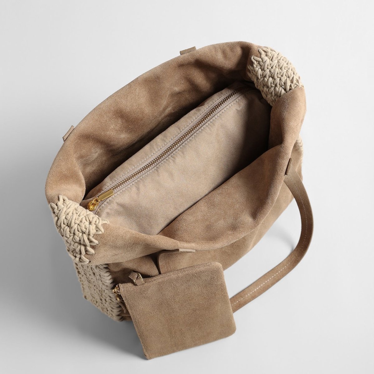 Vintage Suede Tote Bag – Woven Edge Shoulder Bag with Matching Pouch