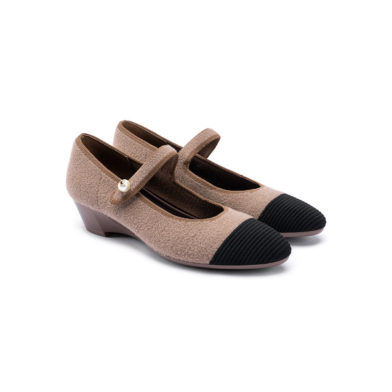 Vintage Tweed Low Heel Mary Jane Shoes – Pearl Strap Knit Wedge Pumps
