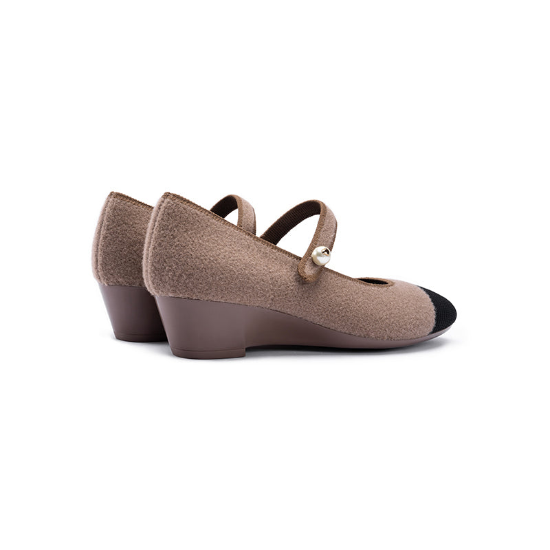 Vintage Tweed Low Heel Mary Jane Shoes – Pearl Strap Knit Wedge Pumps