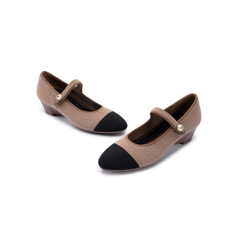 Vintage Tweed Low Heel Mary Jane Shoes – Pearl Strap Knit Wedge Pumps