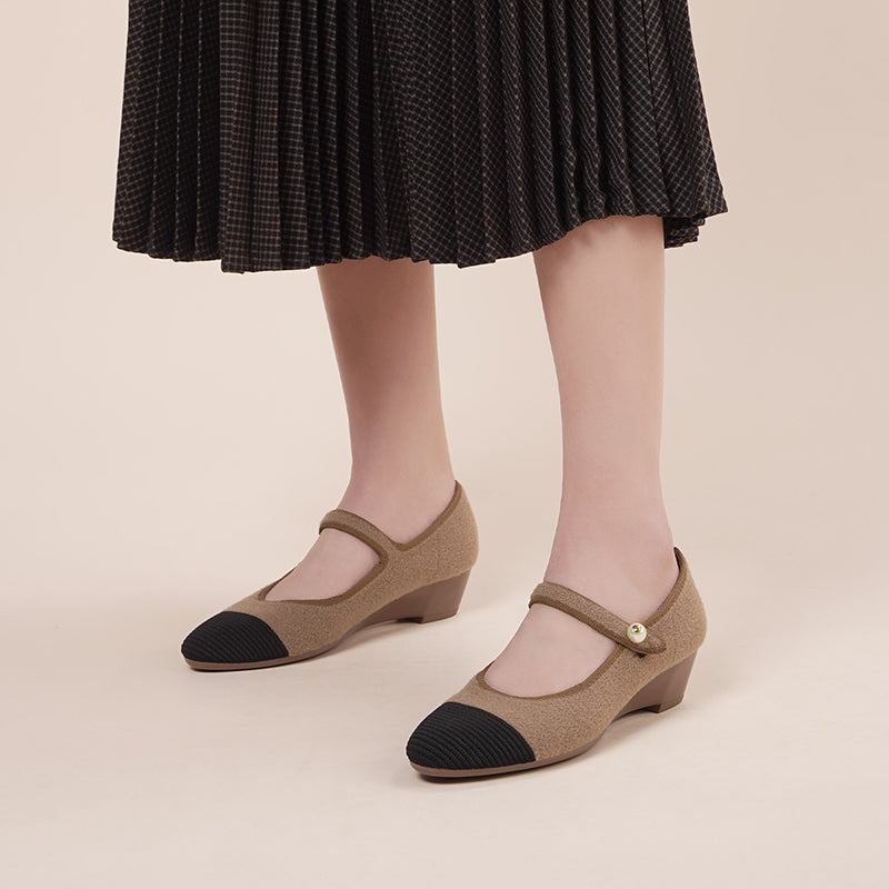 Vintage Tweed Low Heel Mary Jane Shoes – Pearl Strap Knit Wedge Pumps