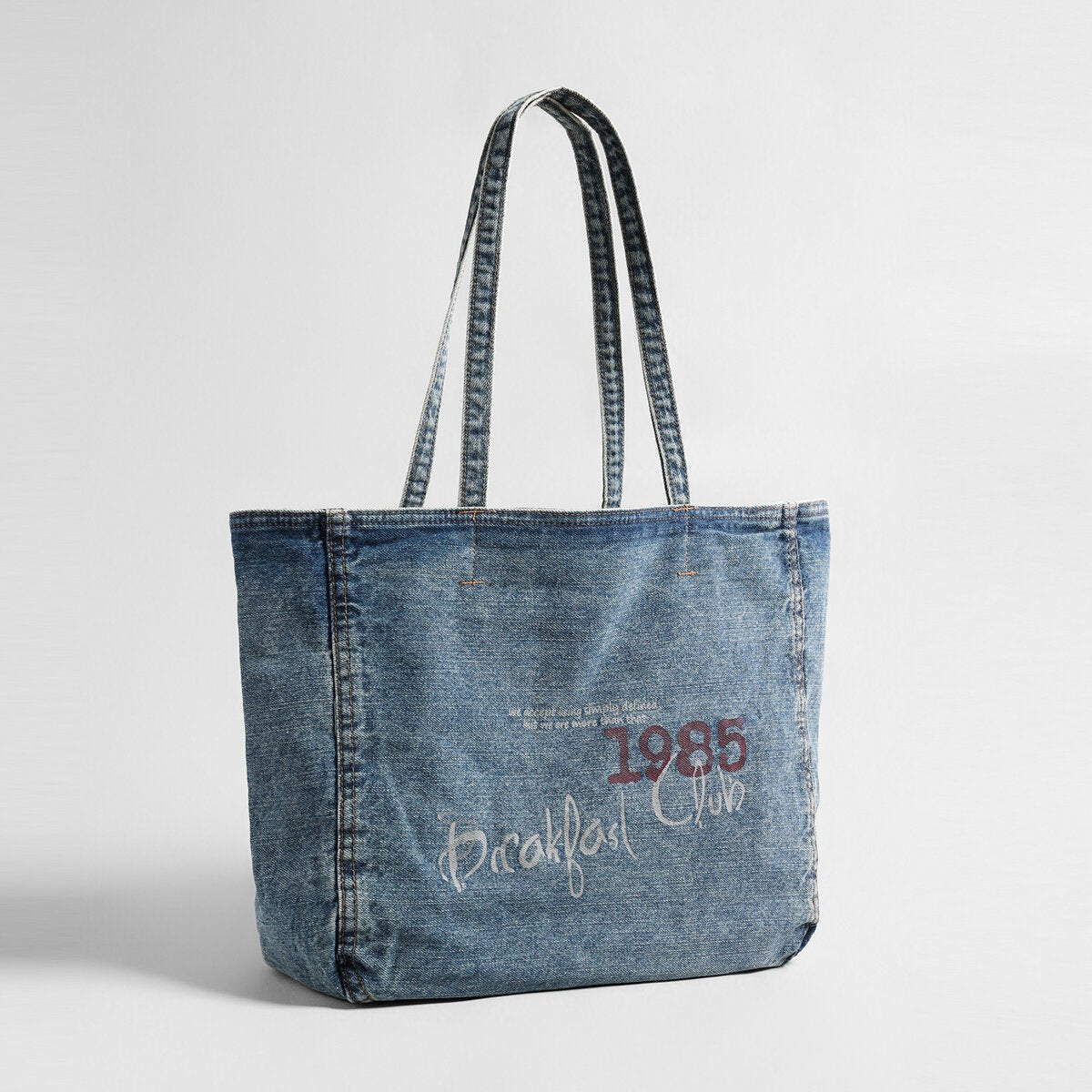 Vintage Washed Denim Large Capacity Tote – "1985 Breakfast Club" Graphic Commuter Shoulder Bag