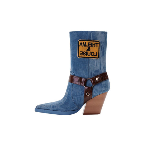 Vintage Washed Denim Croc Harness Western Mid Calf Boots