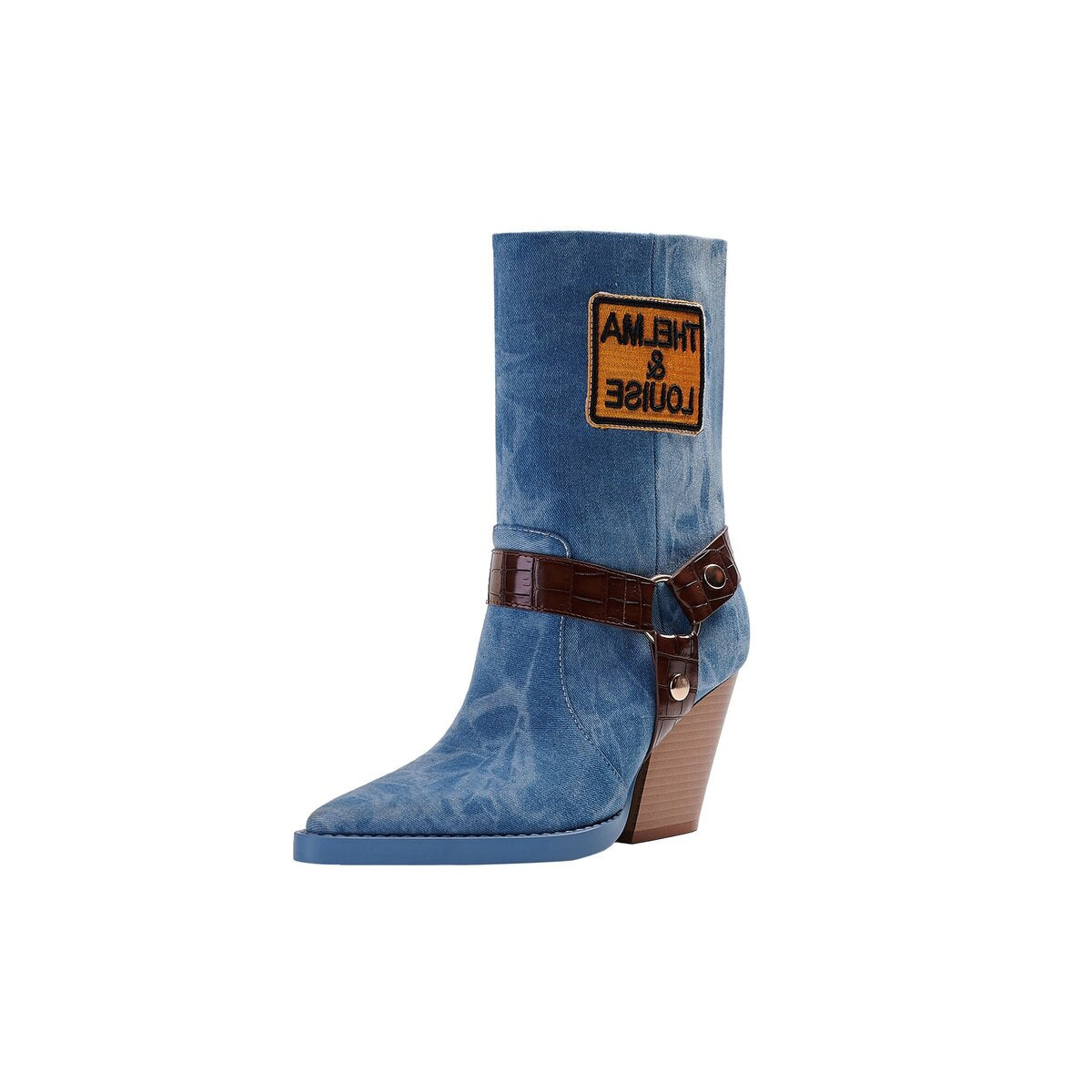 Vintage Washed Denim Croc Harness Western Mid Calf Boots