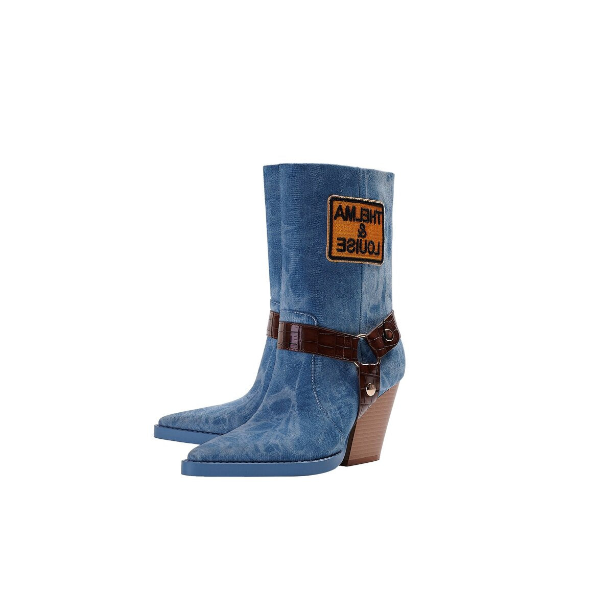 Vintage Washed Denim Croc Harness Western Mid Calf Boots