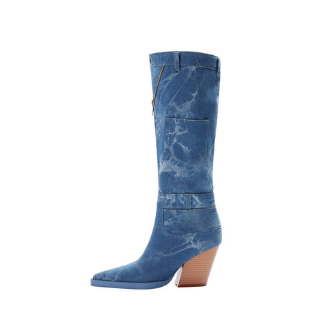 Vintage Washed Denim Pocket Knee High Cowboy Boots