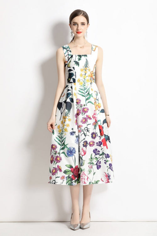 Vintage White Floral High Waisted Thick Strap Dress - 0cm