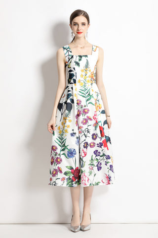 Vintage White Floral High Waisted Thick Strap Dress