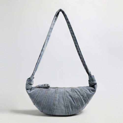 Washed Denim Croissant Shoulder Bag – Pleated Crescent Hobo with Knotted Strap Detail