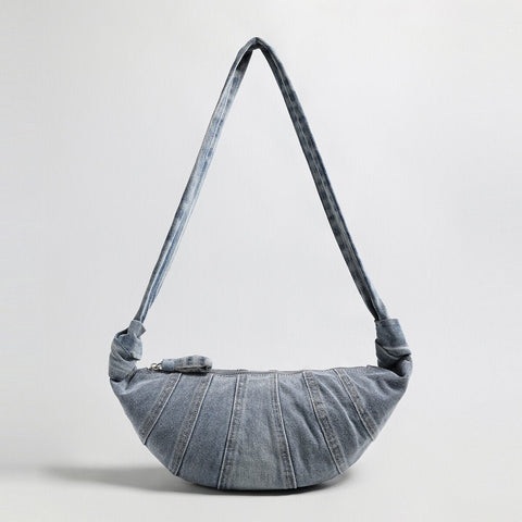Washed Denim Croissant Shoulder Bag – Pleated Crescent Hobo with Knotted Strap Detail
