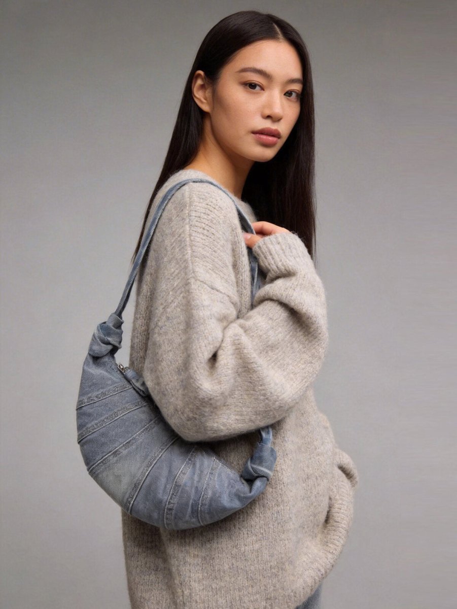 Washed Denim Croissant Shoulder Bag – Pleated Crescent Hobo with Knotted Strap Detail