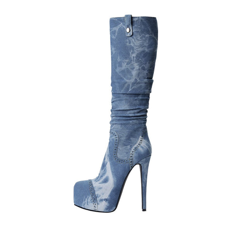 Washed Denim Slouchy Platform Knee High Stiletto Boots