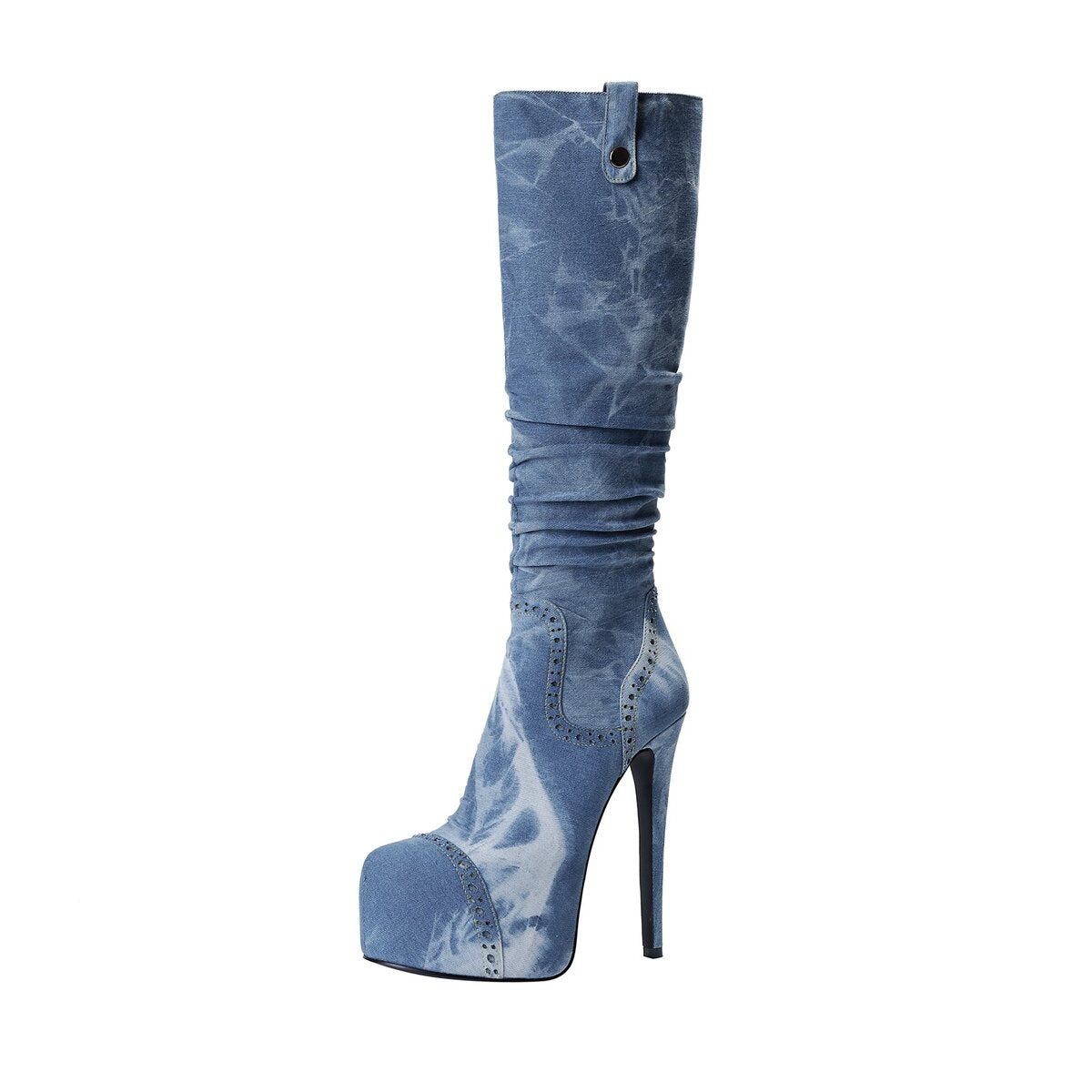 Washed Denim Slouchy Platform Knee High Stiletto Boots
