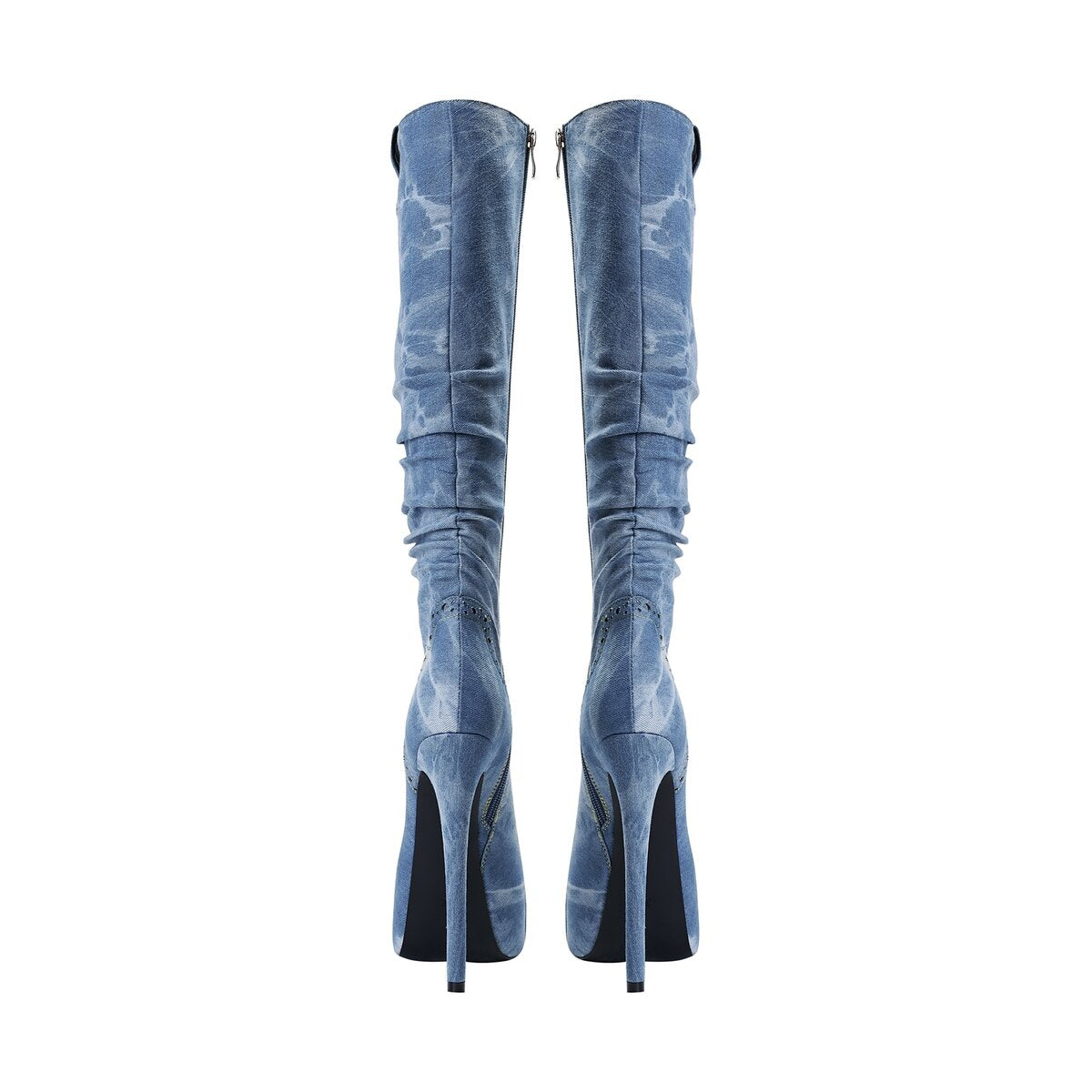 Washed Denim Slouchy Platform Knee High Stiletto Boots