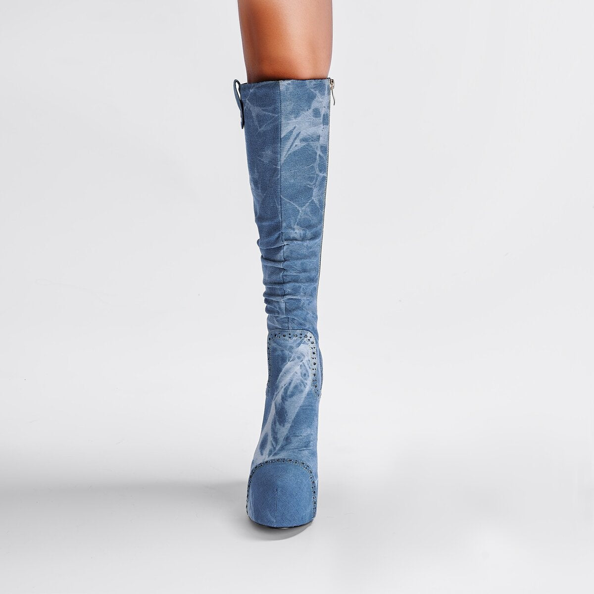 Washed Denim Slouchy Platform Knee High Stiletto Boots