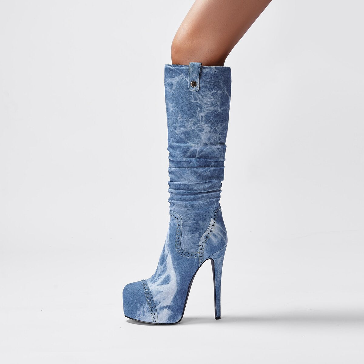 Washed Denim Slouchy Platform Knee High Stiletto Boots