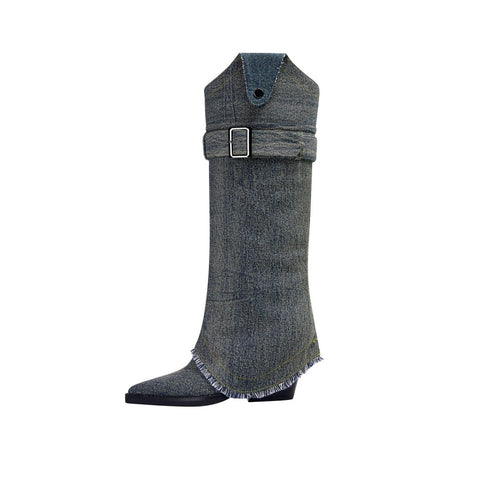 Washed Out Denim High Boots with Detachable Sleeves