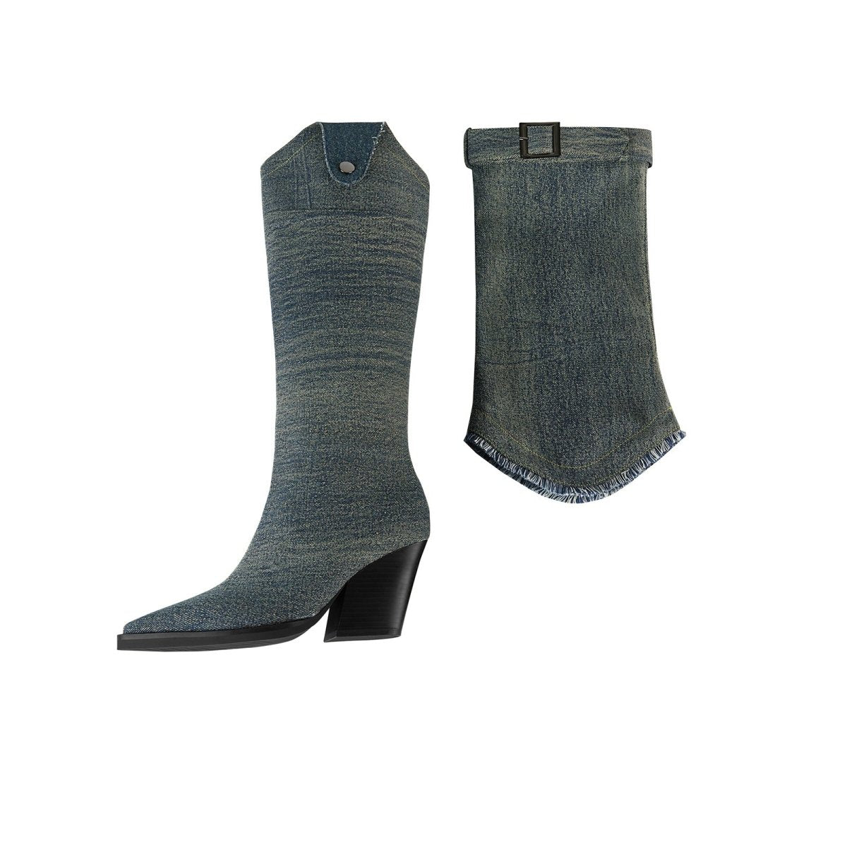 Washed Out Denim High Boots with Detachable Sleeves - 0cm