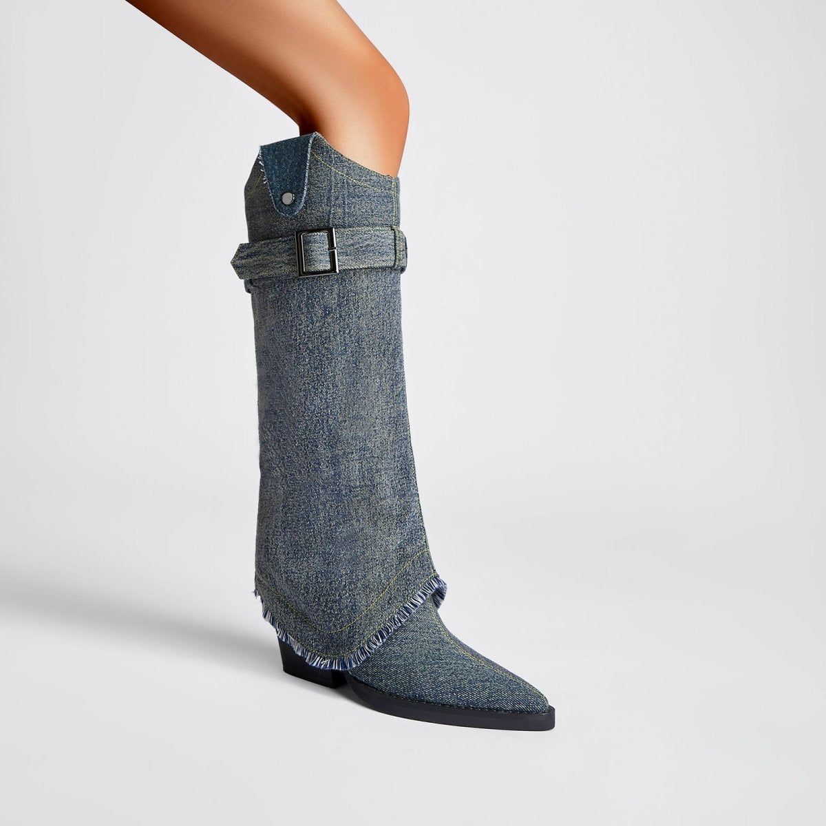 Washed Out Denim High Boots with Detachable Sleeves - 0cm