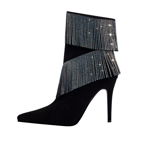 Waterfall Fringe Black Pointed Toe Stiletto Boots - 0cm
