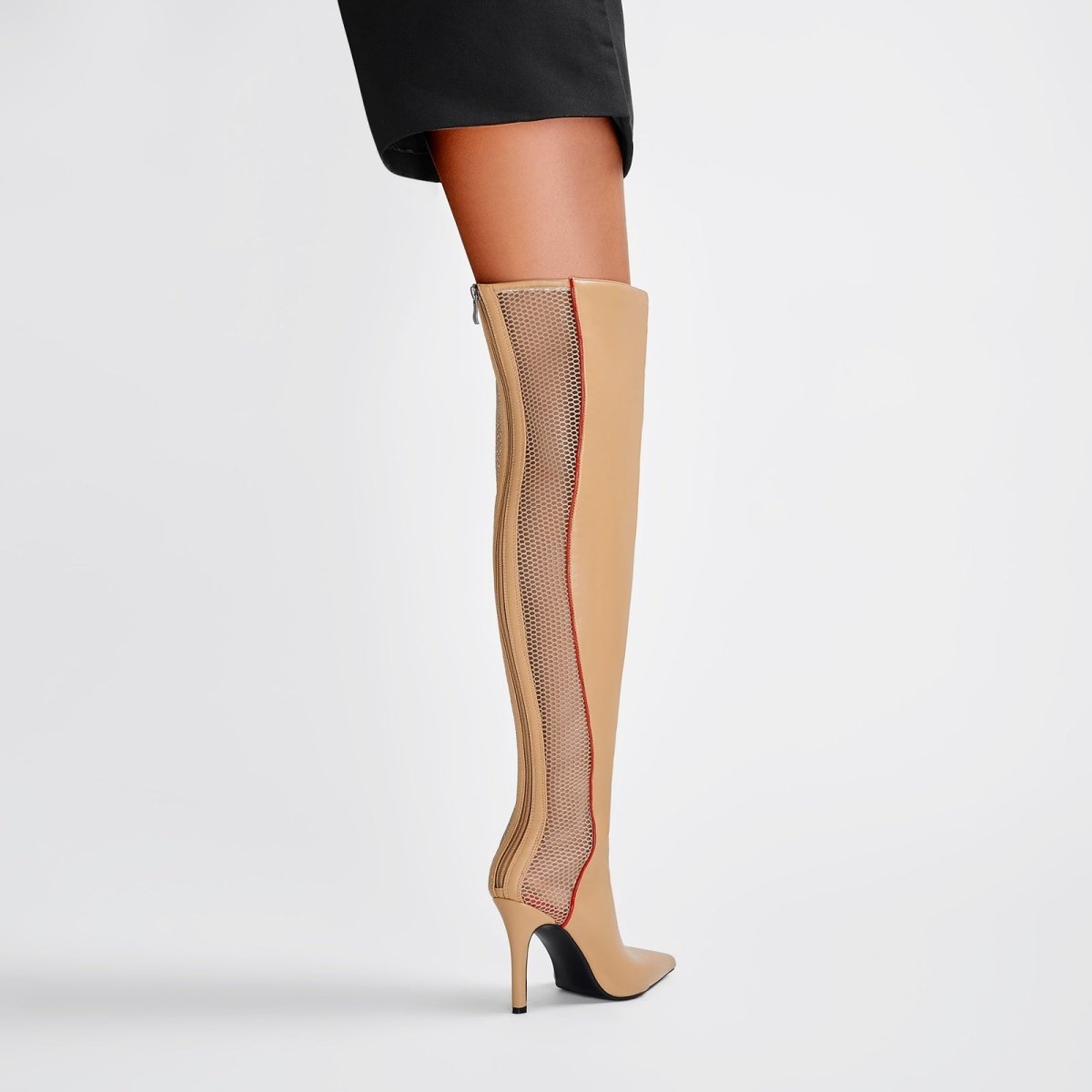 Wave Mesh Pointed Toe Leather Knee High Boots - 0cm