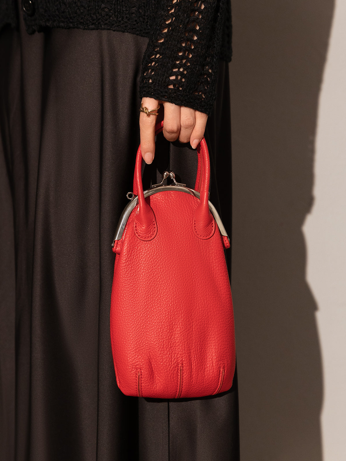 whimsical gourd leather ball clasp top handle bag red 2