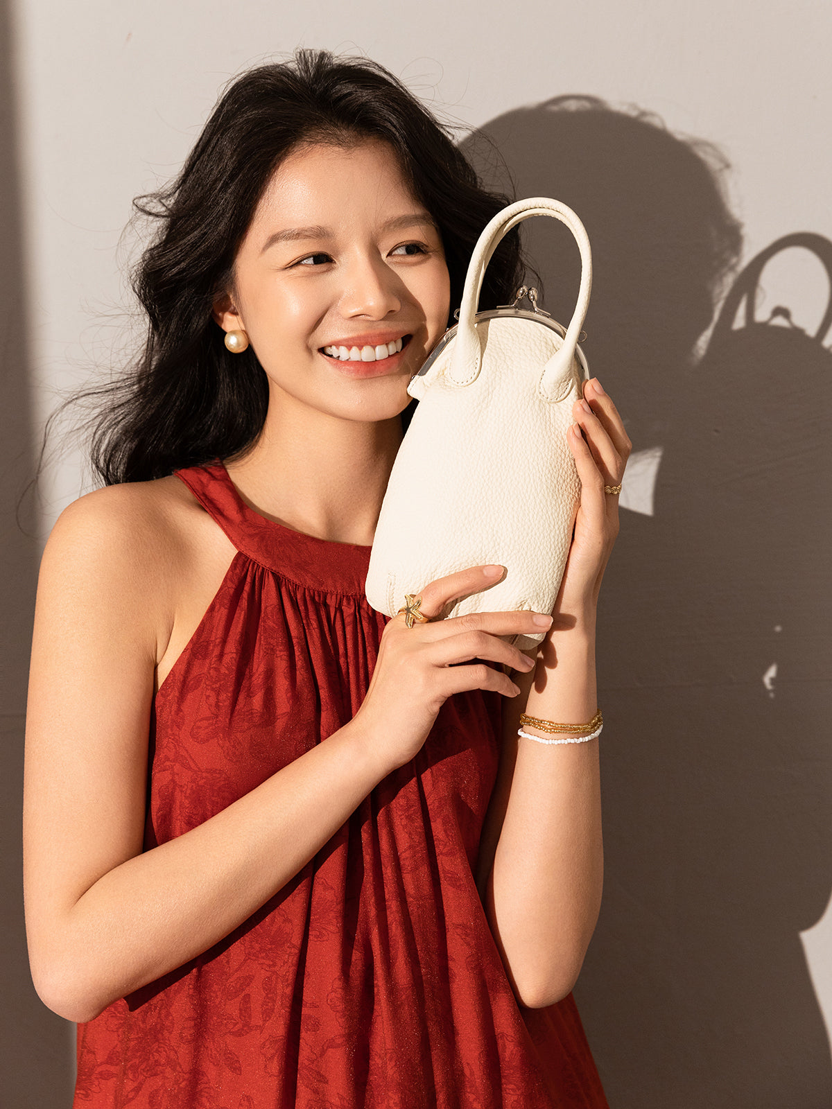 whimsical gourd leather ball clasp top handle bag white 3