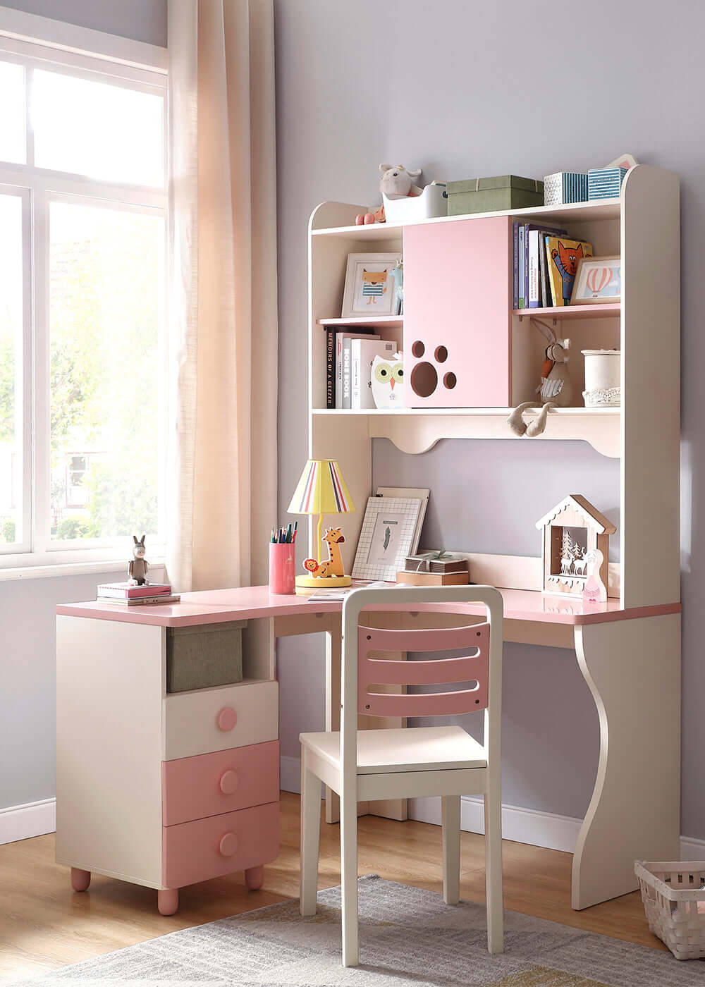 whimsical kitty cat tall bookcase and pink study table all 2