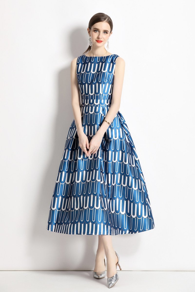 white and blue slim fit a line tea dress all blue 3