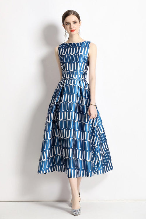 White and Blue Slim Fit A Line Tea Dress - 0cm