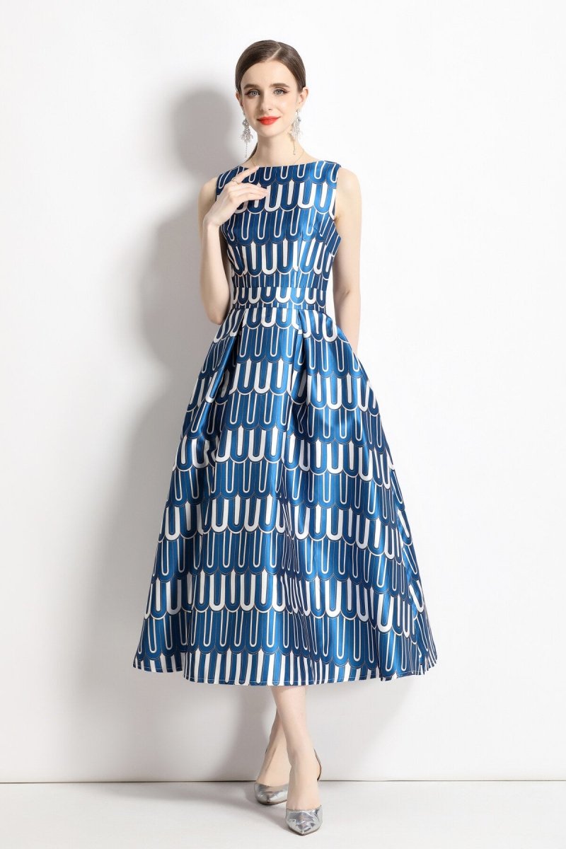 white and blue slim fit a line tea dress all blue 2