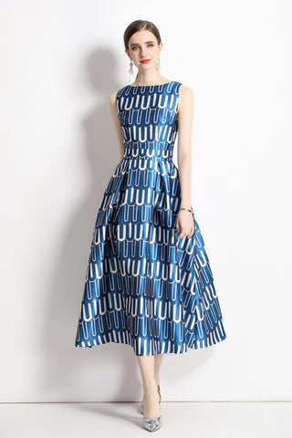 White and Blue Slim Fit A Line Tea Dress