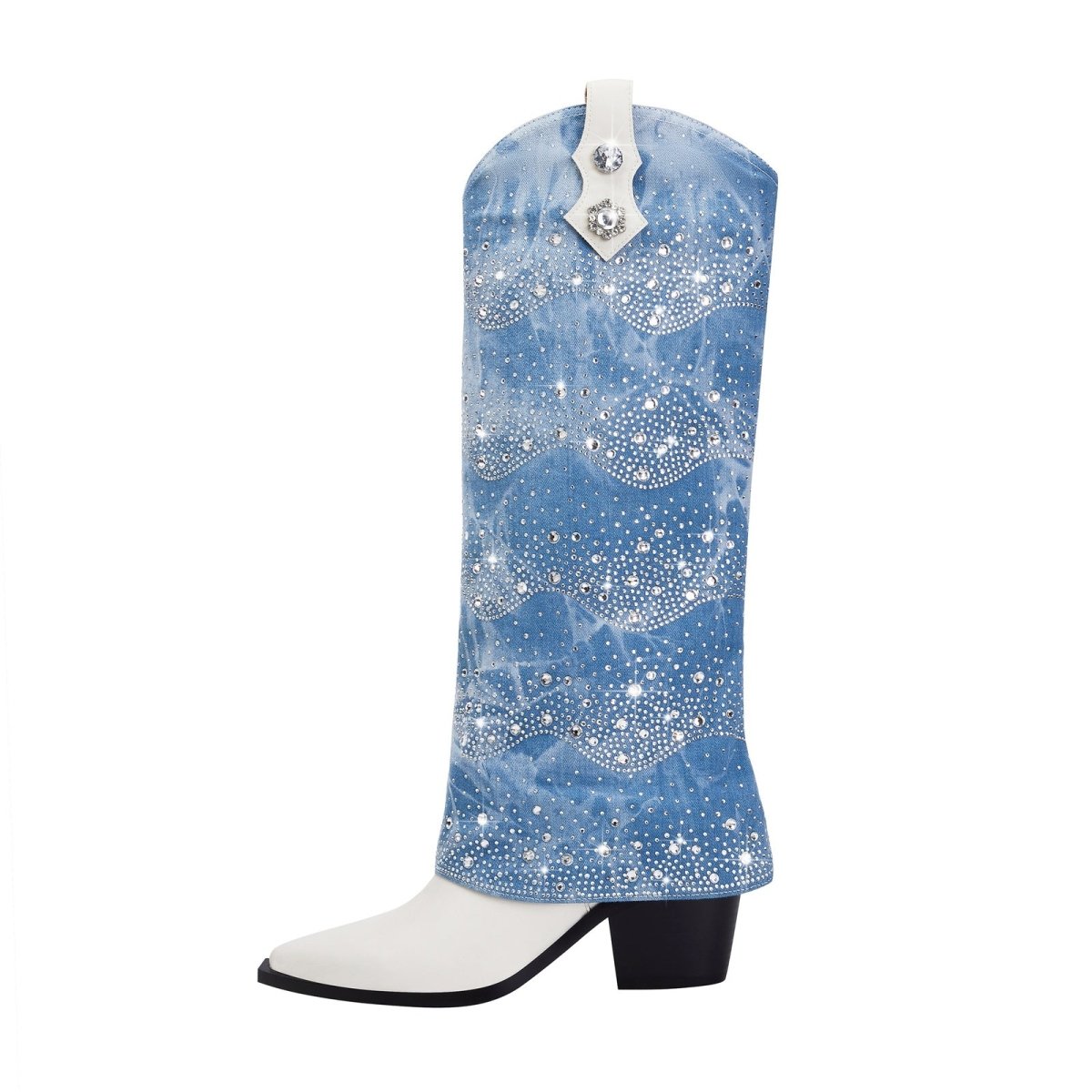 White and Denim Foldover Knee High Boots - 0cm