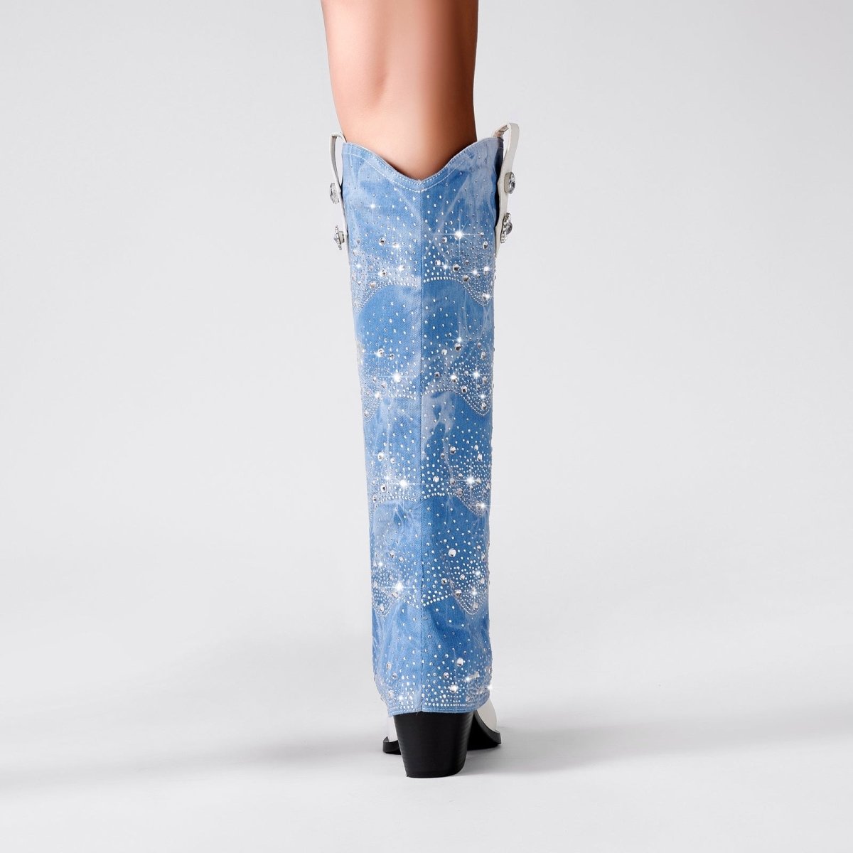White and Denim Foldover Knee High Boots - 0cm