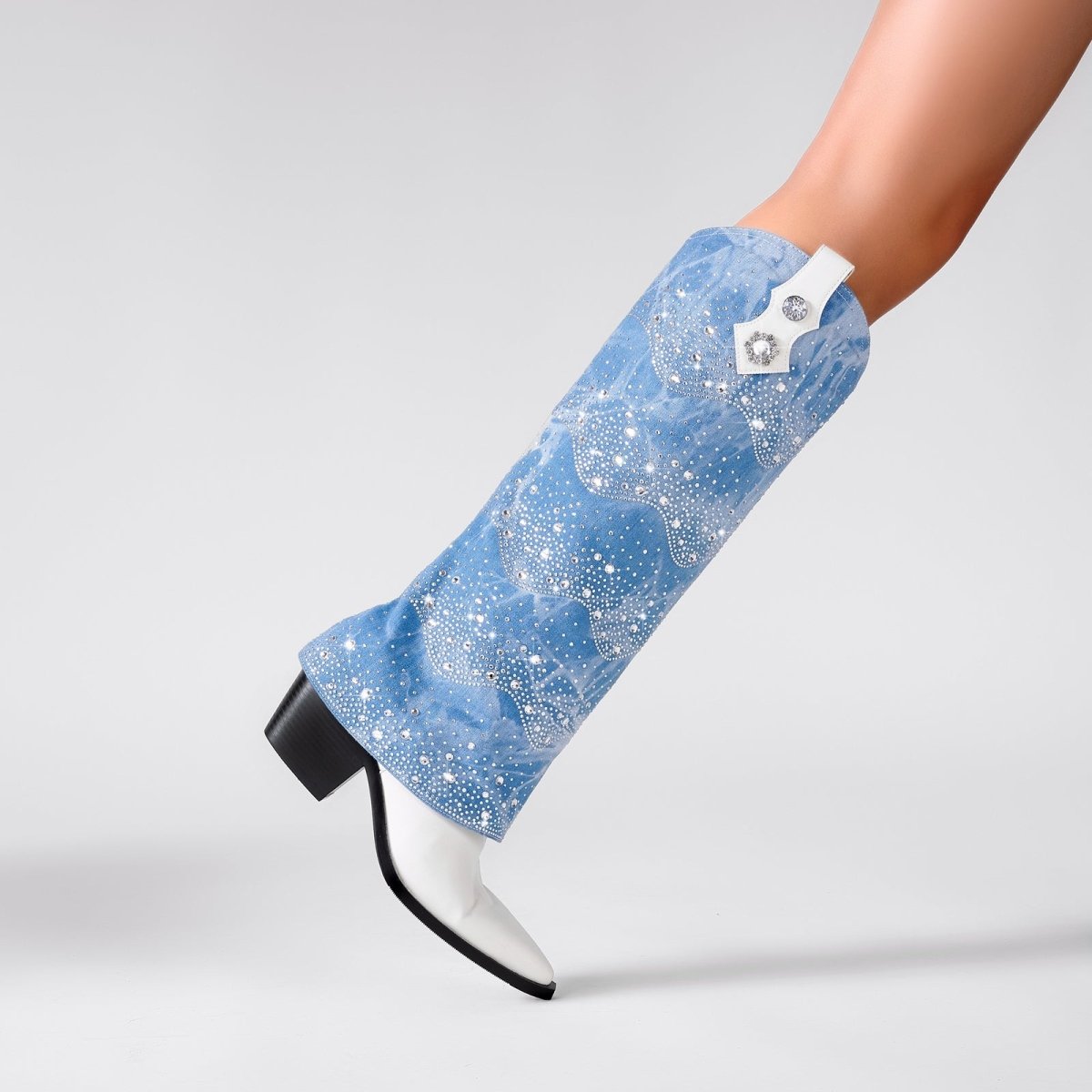 White and Denim Foldover Knee High Boots - 0cm