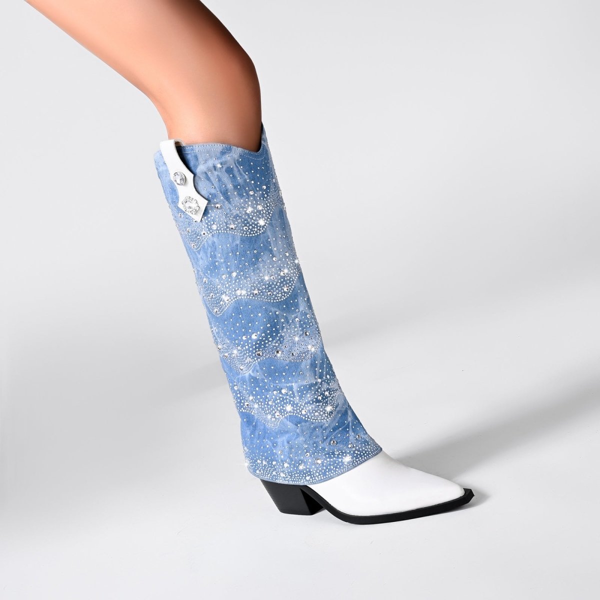 White and Denim Foldover Knee High Boots - 0cm