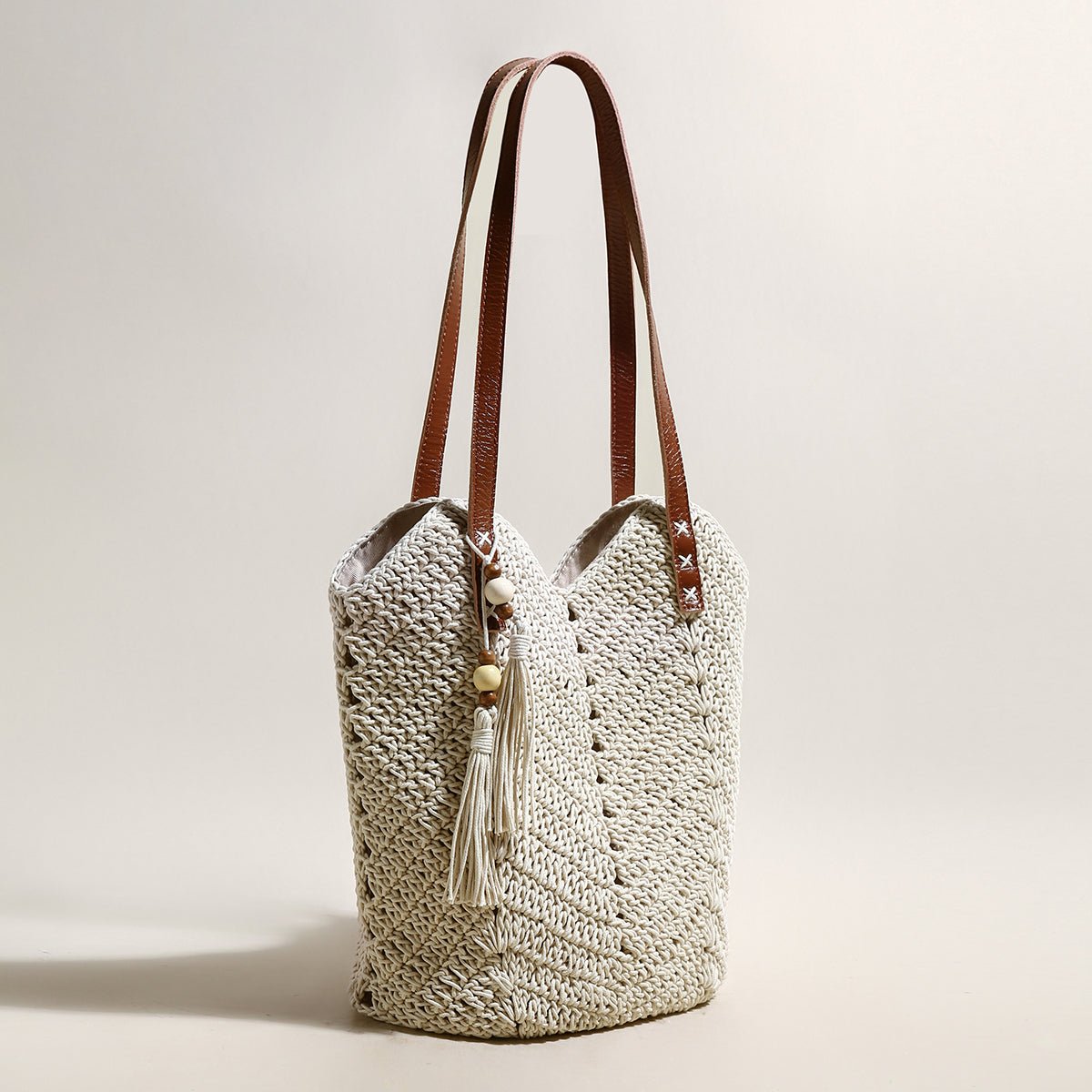 White Boho Chic Leather Strap Crochet Tote Bag - 0cm