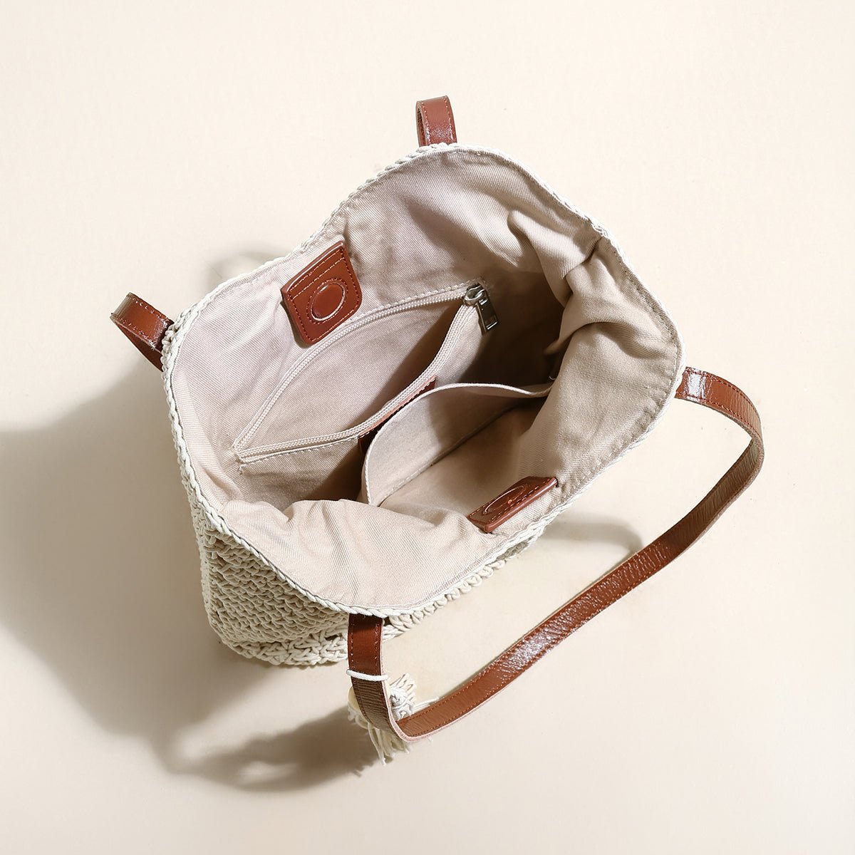 White Boho Chic Leather Strap Crochet Tote Bag - 0cm