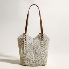 White Boho Chic Leather Strap Crochet Tote Bag