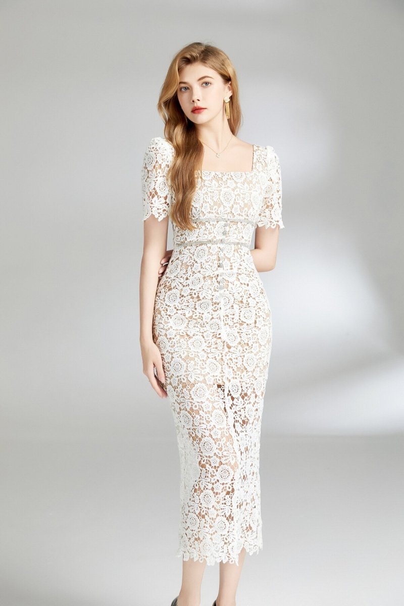 white floral lace cut out dress all white 2
