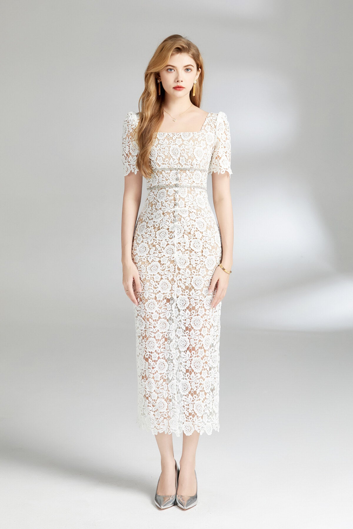 white floral lace cut out dress all white 1