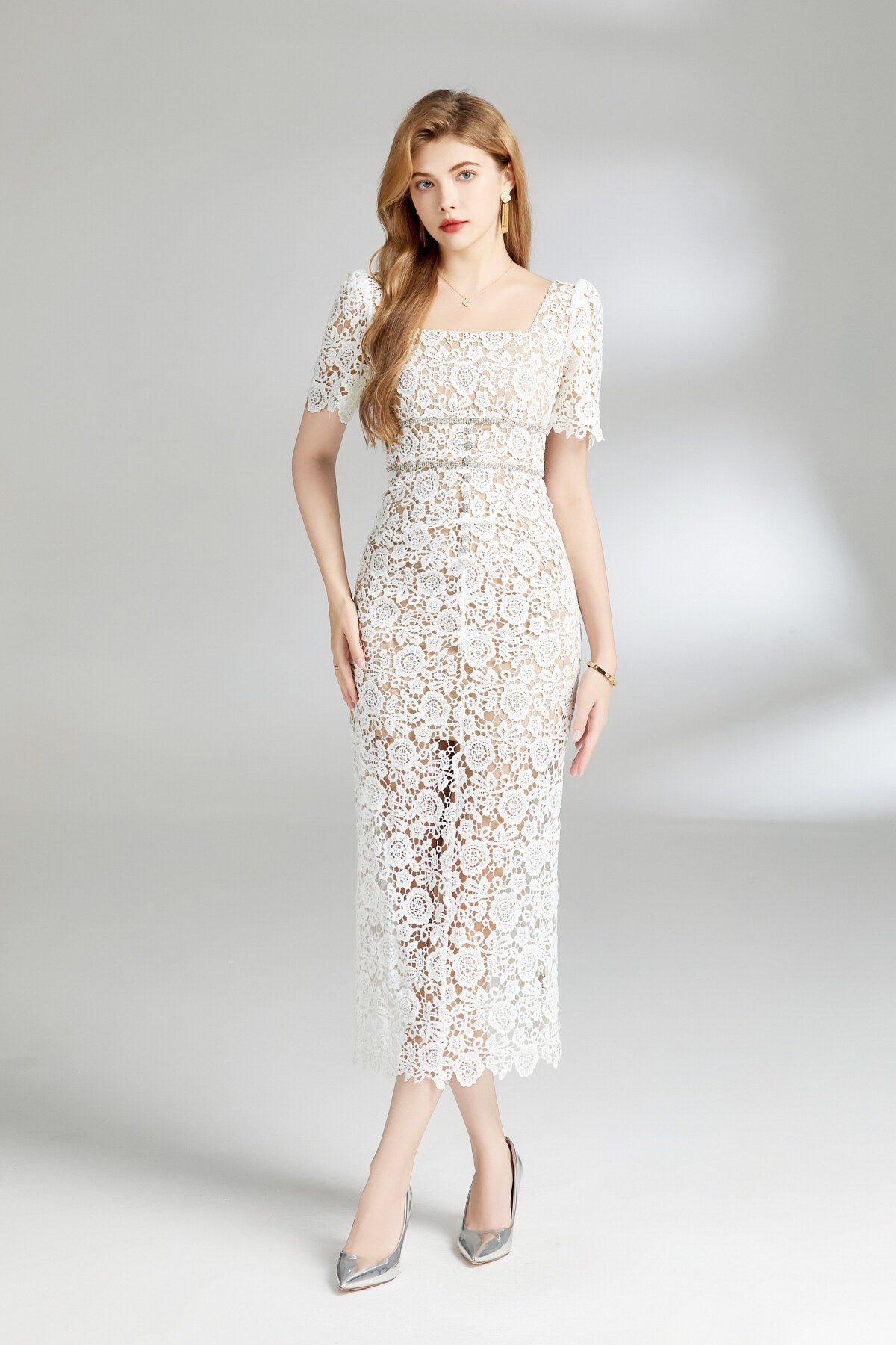 white floral lace cut out dress all white 3