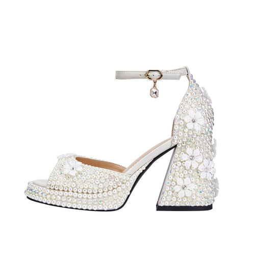 White Pearl Encrusted Flower Chunky Sandals - 0cm